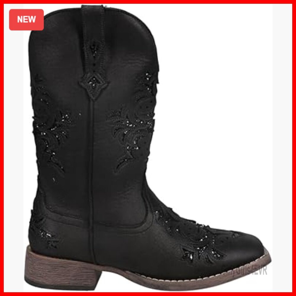 Faux Leather Mid Calf Pull On Boots With Glitter Tooled Inlay Square Toe